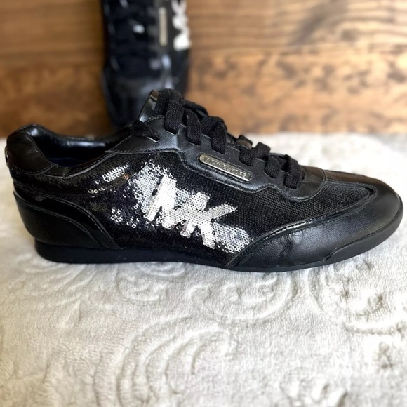 Michael Kors Lace Up Sneakers Sz 6.5M Women Black Sequin Leather Trim Fashion EC - Picture 5 of 13